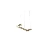 LED pendant light, brushed brass finish, rectangular L-shape with white border, suspended by white cords, minimalist geometric design.