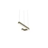 LED pendant light, brushed brass finish, geometric rectangular design with angled connection, minimalist linear studio shot.
