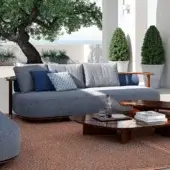 Superior CPRN Homood Pedro sofa crafted in Italy with heathered blue-gray fabric and dark brown stained wooden frame
