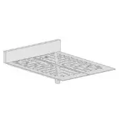 Fluttua bed technical drawing, fabric headboard, rectangular platform with parallel slats and triangular metal brackets, single cylindrical leg.