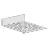 Fluttua bed technical drawing, fabric headboard, rectangular slatted frame with cylindrical legs, monochromatic line art on white.