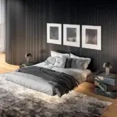 Innovative Lago Fluttua bed crafted in Italy with light gray textile bedding and darker gray knitted throw blanket