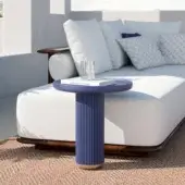 Elegant CPRN Homood Josè side table with a uniform blue tabletop and grooved cylindrical base crafted with a lacquered finish