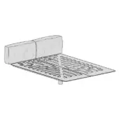 Fabric bed with quilted rectangular headboard and perforated metal platform, four cylindrical legs, modern minimalist line drawing.