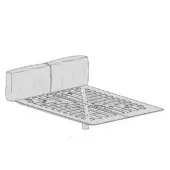 Fabric bed with grid metal platform, stacked rectangular headboard cushions, cylindrical legs, grayscale line drawing, white background.