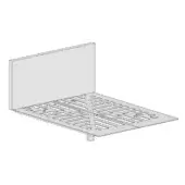 Headboard, light gray fabric, rectangular shape, above slotted silver metal tray with cylindrical legs, studio shot.