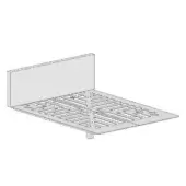 Fluttua bed, fabric headboard, rectangular frame with slatted surface and cylindrical supports in grayscale schematic rendering.