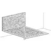 Fluttua bed, wood headboard, rectangular panel with vertical slots and metal grate base with angled legs, black and white schematic.