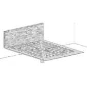 Platform bed with wooden headboard, perforated metal frame, and cylindrical legs, featuring radiating slot details in a minimalist design.
