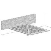 Fluttua bed, wood headboard, slatted base, rectangular shape, linear undulating pattern, grayscale illustration, studio setting.