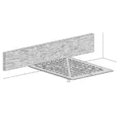 Fluttua bed, wooden headboard, rectangular frame with grid pattern and cylindrical legs, monochromatic technical illustration.