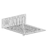 Fluttua Replis Bed, gray metal platform with curved grid, cylindrical legs, and layered angled slat headboard, technical schematic.