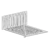 Metal bed frame, white line drawing, rectangular platform with elongated slots and curved slat headboard, minimalist geometric design.