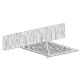 Bed frame line drawing, white headboard with vertical slats, and square drainage grate with grid pattern on cylindrical feet.