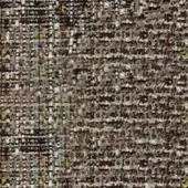 Woven fabric sample, muted brown with mustard, olive, pink, and cream threads, exhibiting a dense, irregular geometric pattern and nubby texture.