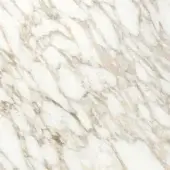 Calacatta gold marble texture with bright white base and thick, meandering beige and gold veins, polished reflective surface.