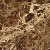Dark Emperador marble texture with creamy white and beige veining on a deep brown polished surface, displaying irregular fissures.