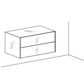 Materia bedside table, two drawers, black line drawing, rectangular form, diagonal drawer detail, white background, technical illustration.