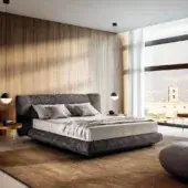 Superior Lago Bed-In bed with dark gray textile upholstery and original flared shaping at the bottom crafted in Italy
