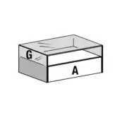 Gray wood storage compartment with horizontal divider, featuring bold black letter “G” left and “A” right, matte exterior, textured interior.