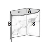 Display stand with tempered glass pentagonal top, lacquered exterior, and grayscale topographic map panels labeled “A,” “B,” and “S.”