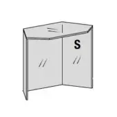 Display case, light gray metal frame, angular tempered glass top, two hinged doors, dark blue "S" detail, geometric design, studio lighting.