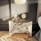 Captivating Lago Livre nightstand with hexagonal Wildwood oak top and swirling white, gray, brown marble-like base crafted in Italy with tempered glass legs