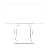 Console table black and white line drawing, rectangular top, uniquely shaped square base with rounded corners, modern design.