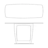 Table line drawing, white background, barrel-shaped top, geometric pedestal base, modern design, layered construction, rectangular void.