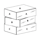 Morgana floor drawers, rectangular wood, tiered stack with labeled fronts—light, mid, and dark tones—on a white background.