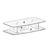 Rectangular coffee table, white glossy top, white base with two drawers labeled A & B, plus cabinet B, on gray textured rug.