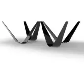 Sculptural object, reverse chrome finish, featuring three interconnected curved segments forming a stylized "W" shape against a white backdrop.