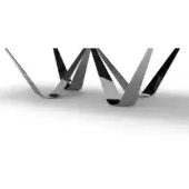 Chrome abstract sculpture resembling the letter "W" with five curved segments, polished metal, reflective surface, and minimalist design.