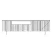 Sideboard with wood-tone slatted facade, rectangular cutout, and cylindrical metal legs, minimalist contemporary design, white background.