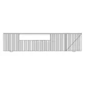 Console table with vertical wood slats, rectangular recessed front, and square feet, minimalist modern design against a white backdrop.
