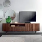 Distinguished Pacini & Cappellini Line TV stand crafted in medium brown veneered wood with ribbed doors and sleek metal base