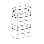 Modular dresser white rectangular boxes stacked asymmetrically, featuring etched horizontal lines and lettered drawer fronts: "C", "A", "V".