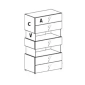 Tall dresser schematic, light wood composite, stacked rectangular units with horizontal drawers and labeled components for assembly.