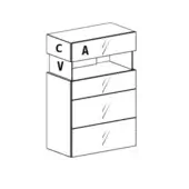 Dresser, light wood, stacked four-drawer design with inset “CVA” lettering; rectangular form, tapered base, horizontal grooves visible.
