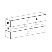 Dresser, light gray composite, two stacked rectangular boxes with horizontal grooving and lettered labels "A", "D", "V" on sides.