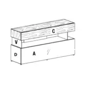 Dresser with wood top, labeled “C”, extending over rectangular body marked “A”, “D”, and “V”, featuring a grain pattern.