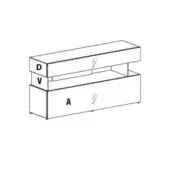 White dresser with two drawers, open shelf, and vertical “DV” panel; linear texture, rectangular shape, matte finish, studio lighting.