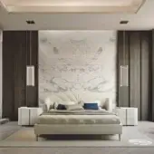 Exceptional Bizzotto Italia Wave bed with light cream textile upholstery and gold-colored slender legs