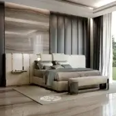 Distinctive Bizzotto Italia Ginko bed with light beige textile upholstery and champagne metallic accents plus ginko leaf embroidery