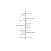 Modular shelving unit, light-colored metal, grid structure with three gray square sections and evenly spaced shelves, minimalist design.