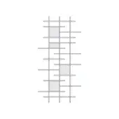 Modular shelving unit, gray and white, with asymmetrical horizontal shelves and vertical supports, minimalist linear grid design.