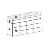 Air dresser, light gray finish, suspended top with wood grain; six drawers in two rows, modern design, studio lighting.