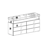Air dresser, speckled marble top, six recessed drawers, white body, suspended design, minimalist studio shot, labeled components.