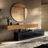 Superior Lago Air dresser with a floating design, crafted in medium-toned wood and glossy black cabinet with extra-clear tempered glass support