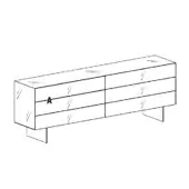 Dresser with legs, black line drawing, rectangular form with six drawers and angled square legs, marked with a letter “A”.